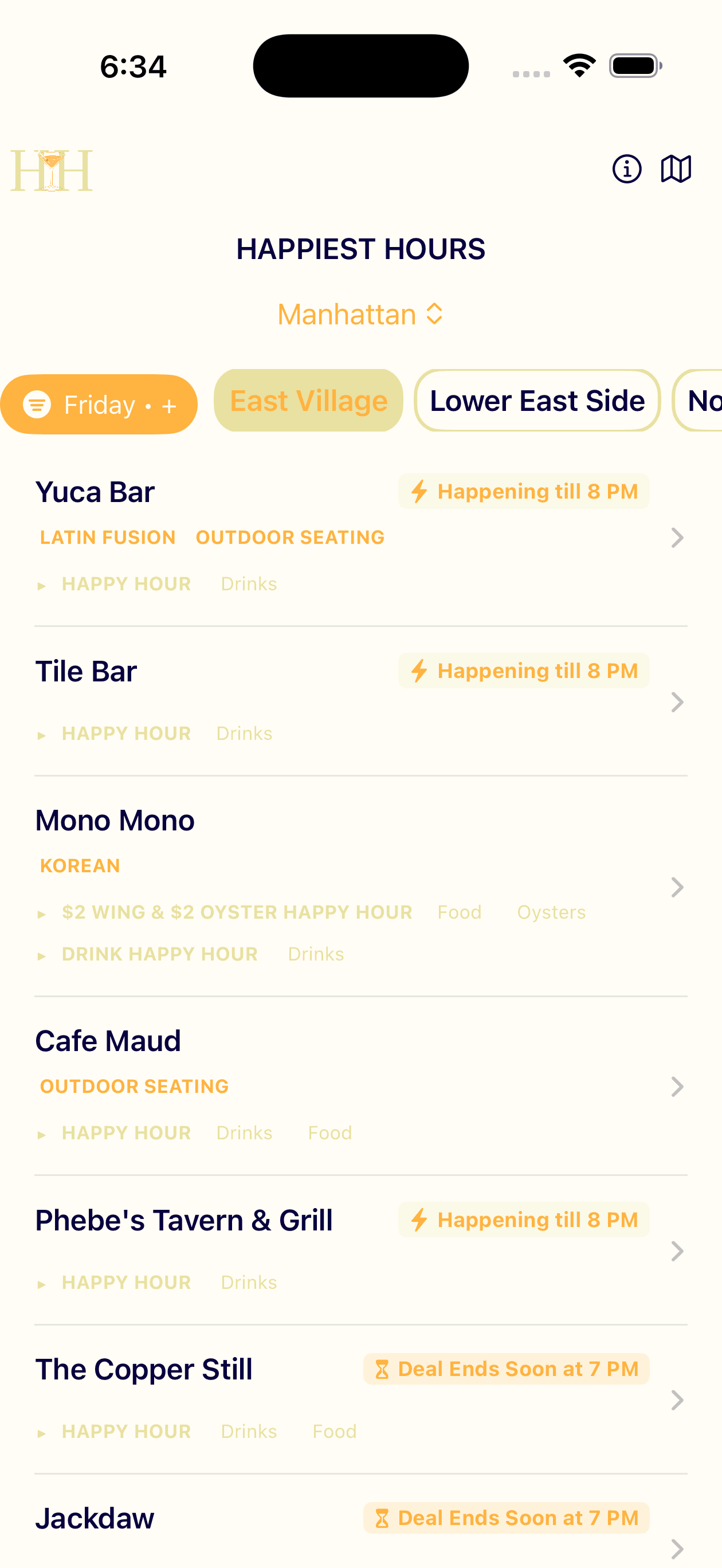 Happiest Hours NYC app screenshot