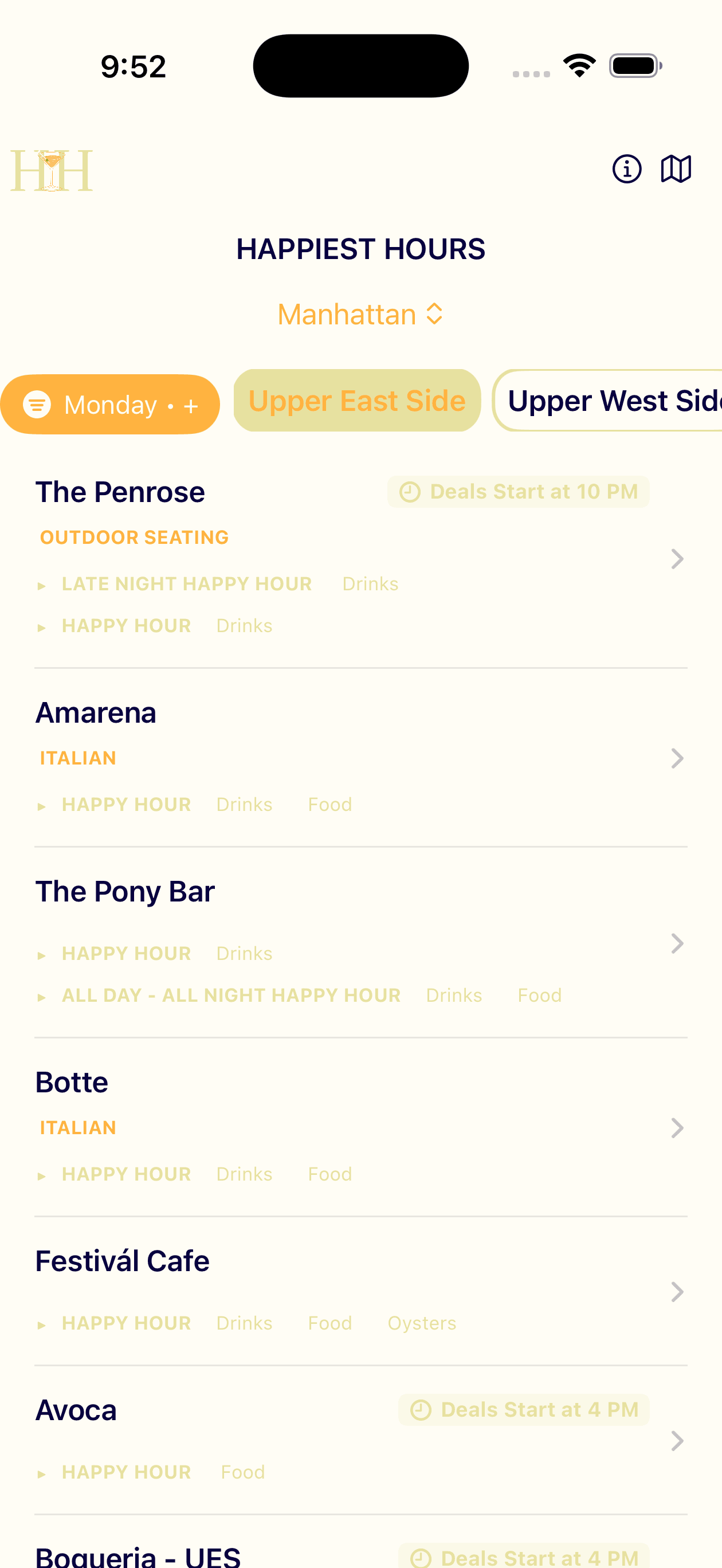 Happiest Hours NYC app showing clean, uncluttered interface with happy hour listings organized by neighborhood
