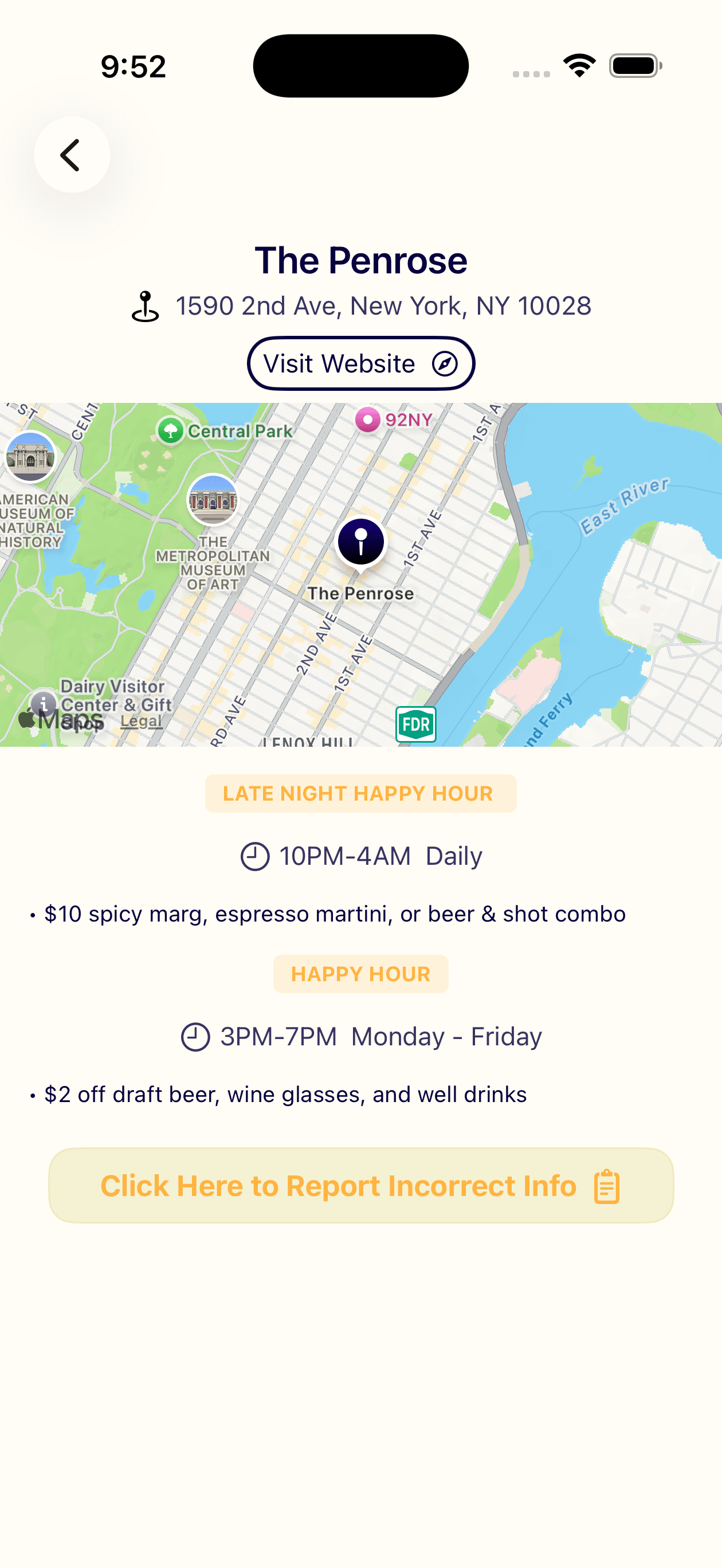 Detailed venue page showing interactive map, location pin, website link, and complete happy hour details and timings