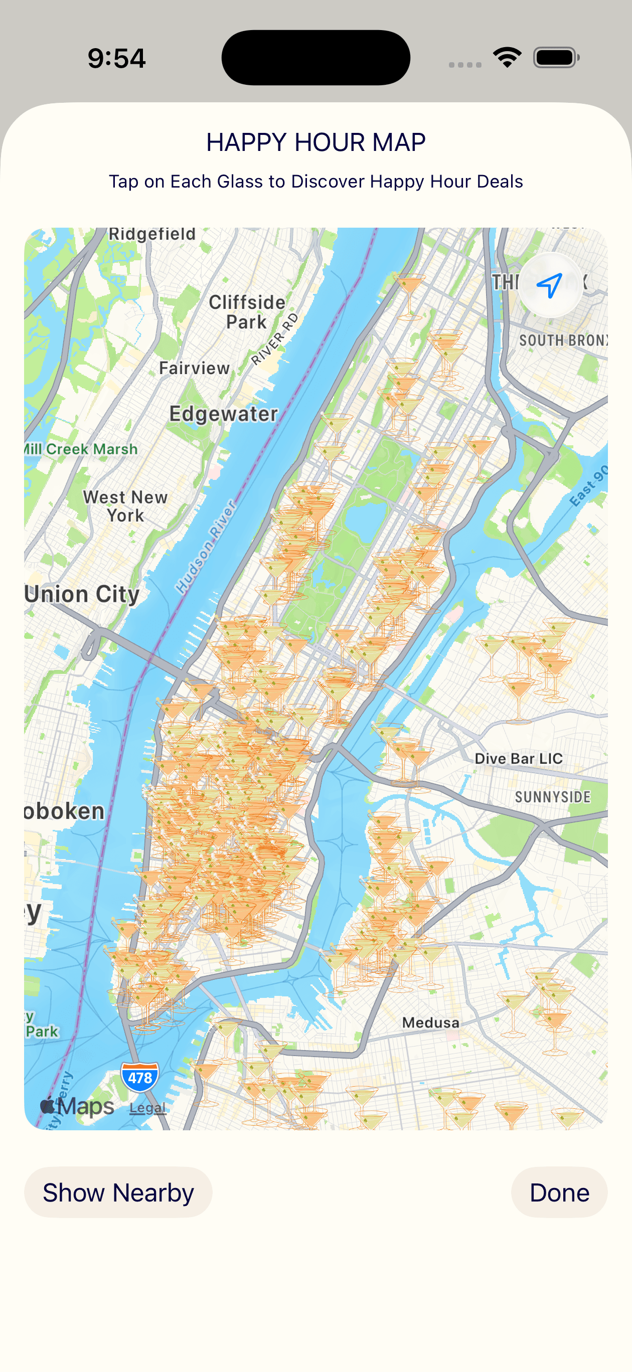 NYC happy hour map view showing pins for all happy hour locations across Manhattan with Show Nearby feature